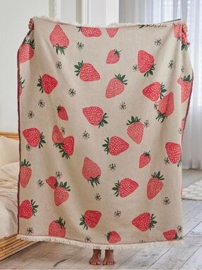 Urban Outfitters Strawberry Print Cream Throw Blanket